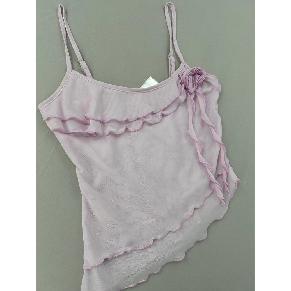 Lilac Pink Mesh Ruffle Rosette Camisole Top Asymmetrical Y2K Cami Size Small - Picture 9 of 9